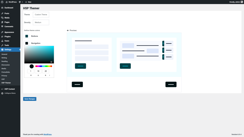 Screenshot of a WordPress admin dashboard. The page says "H5P Themer" and shows a color picker and some other options.